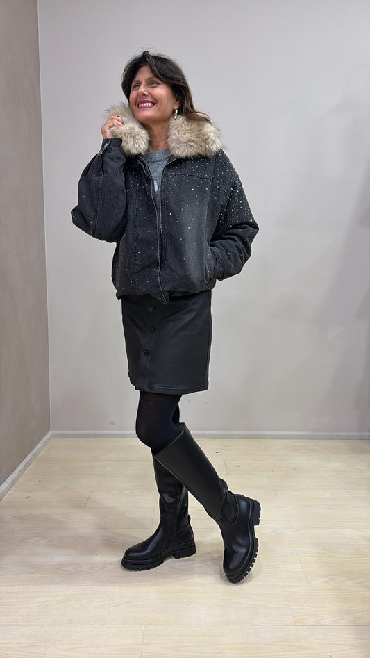 Bomber LILLA Denim – Lusso Oversize con Cristalli e Pelliccia